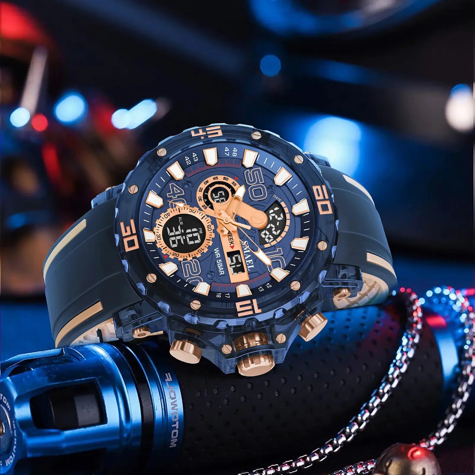Military-style men's sports watch, blue case with gold accents, digital-analog display, 50m waterproof, Simples Market