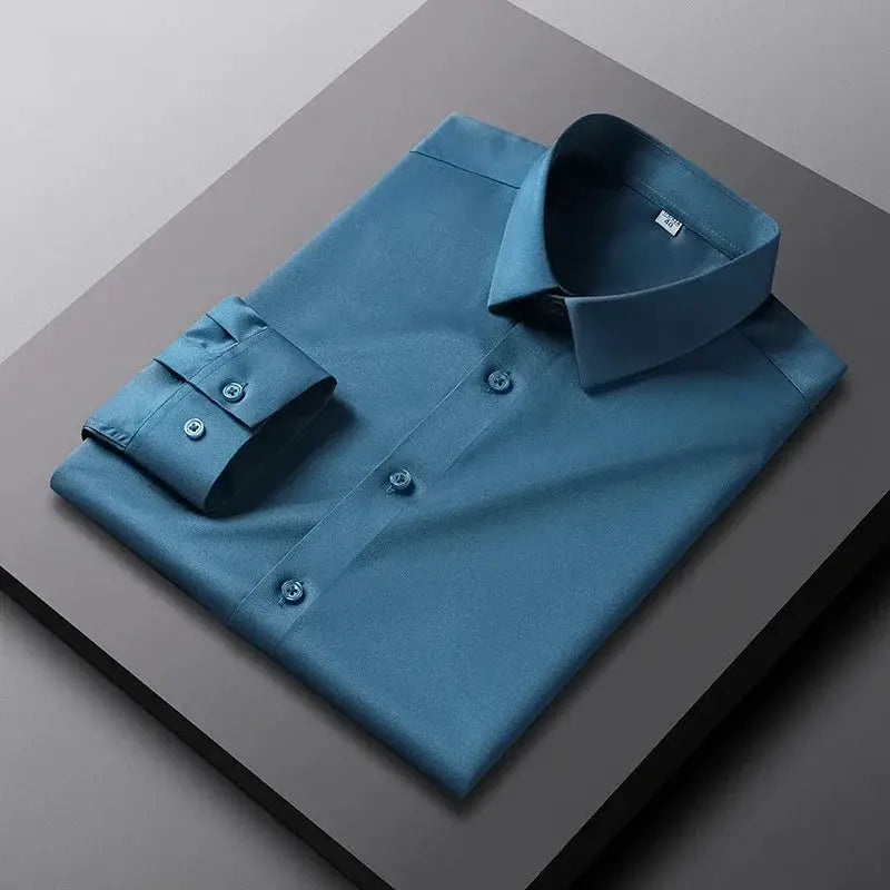 Men's teal blue solid color long-sleeve shirt by Simples Market, wrinkle-resistant and non-iron