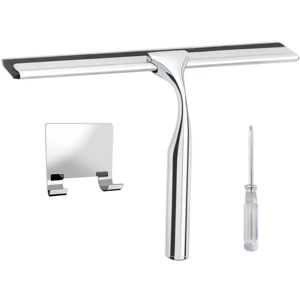 Chrome shower squeegee kit with long handle, black silicone blade, wall-mount bracket, and small screwdriver (3 pieces).