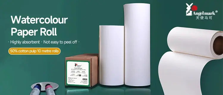 Watercolour paper roll set with Angelmark branding; white large rolls, 50% cotton pulp