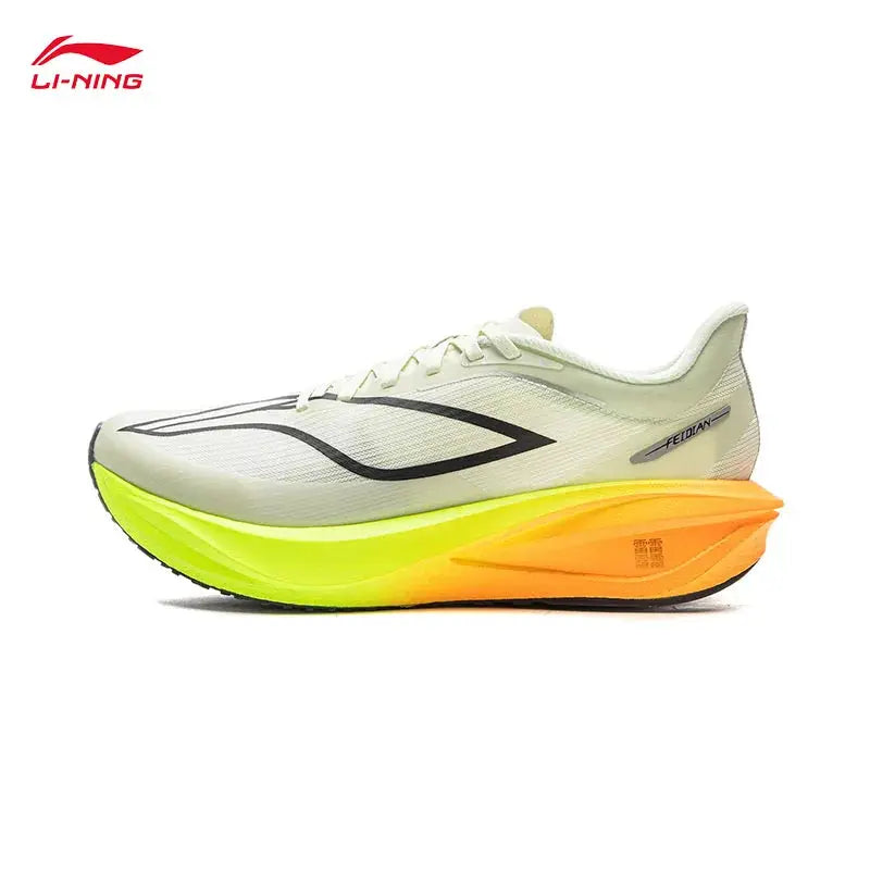 LI-NING Feidian 5 Challenger men's running shoes with white upper and neon yellow-to-orange gradient midsole