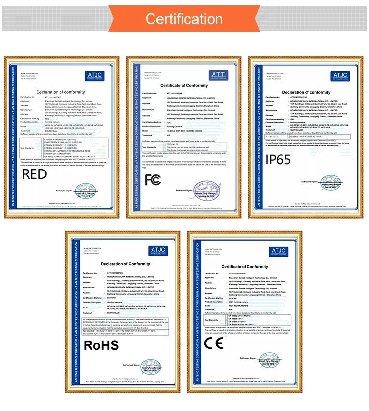 Certification certificates framed for Simples Market 4K 4G wildlife hunting camera with RoHS, CE, IP65 and FCC logos