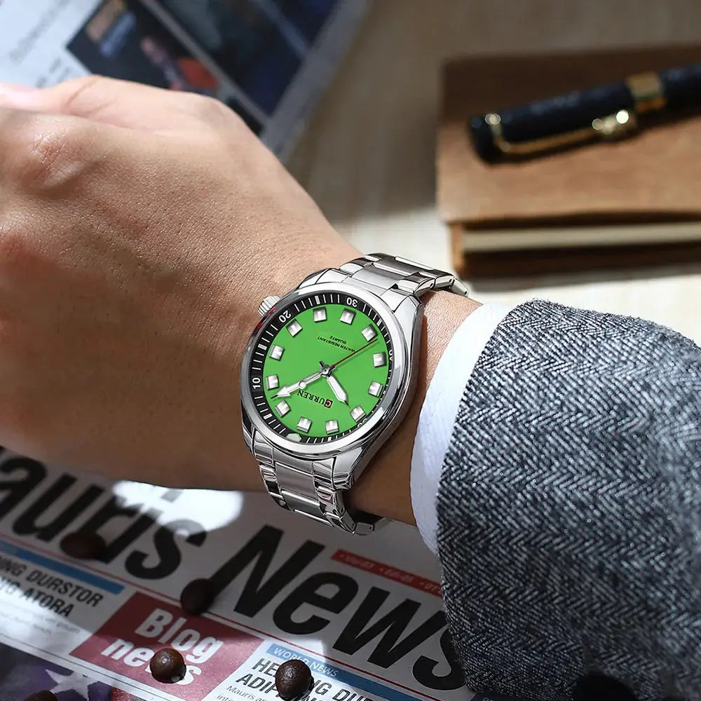 Curren 8451 men's stainless steel wristwatch with green dial on metal bracelet