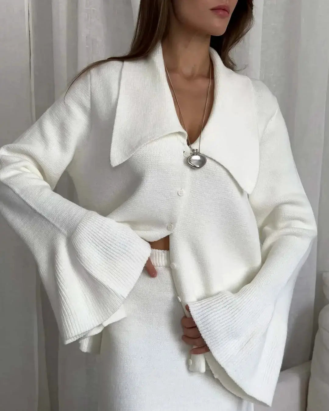 Hirsionsan Two Piece Set Women Polo Neck Cardigan And Midi Dress