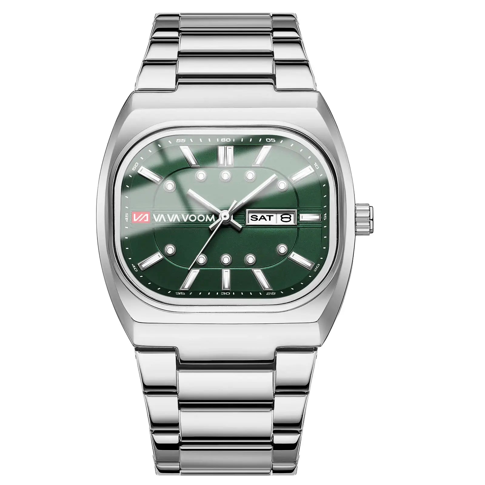 Men's square stainless steel watch with green dial, VAVA VOOM branding, 40mm case