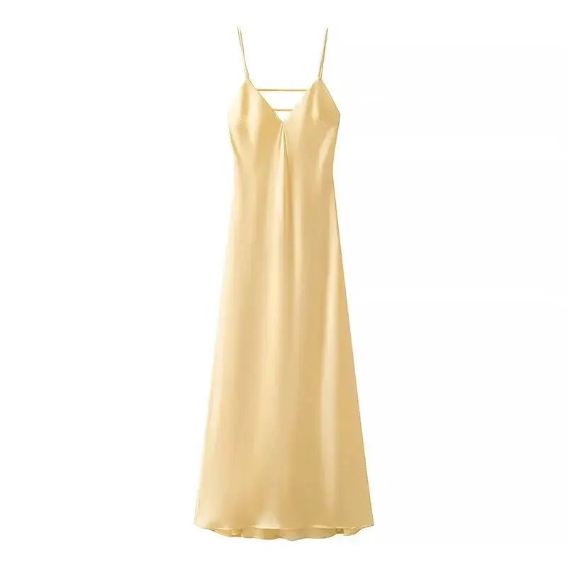 HH Women Summer Yellow V Neck Sling Dress Lightweight Sleeveless Maxi For Effortless Elegance