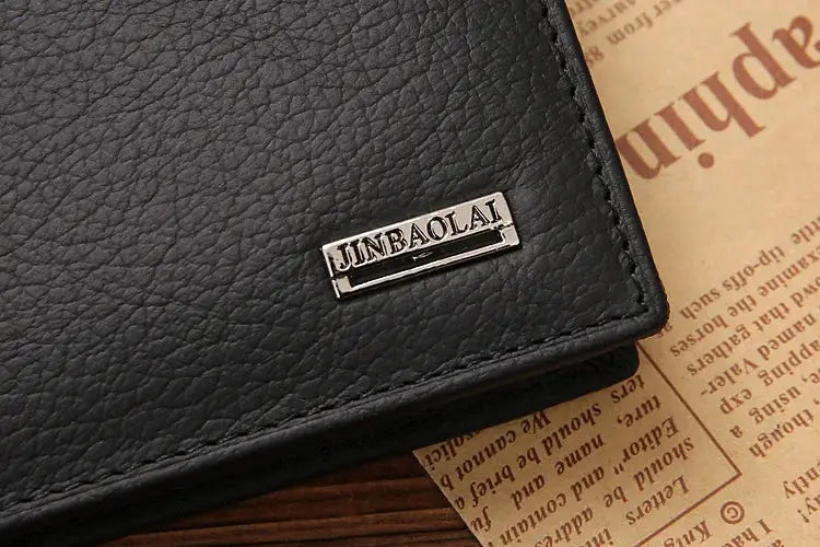 Men's black genuine leather wallet with a metal brand plate