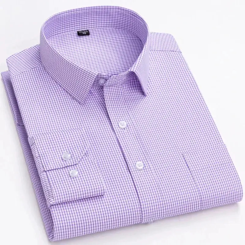 Men's purple micro-check long-sleeve shirt with a single chest pocket, folded.