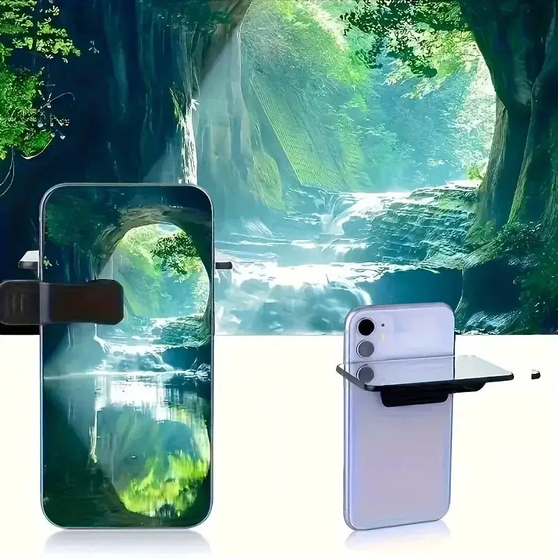 Portable mobile phone camera reflector clip-on accessory by Simples Market in black, shown on two smartphones outdoors