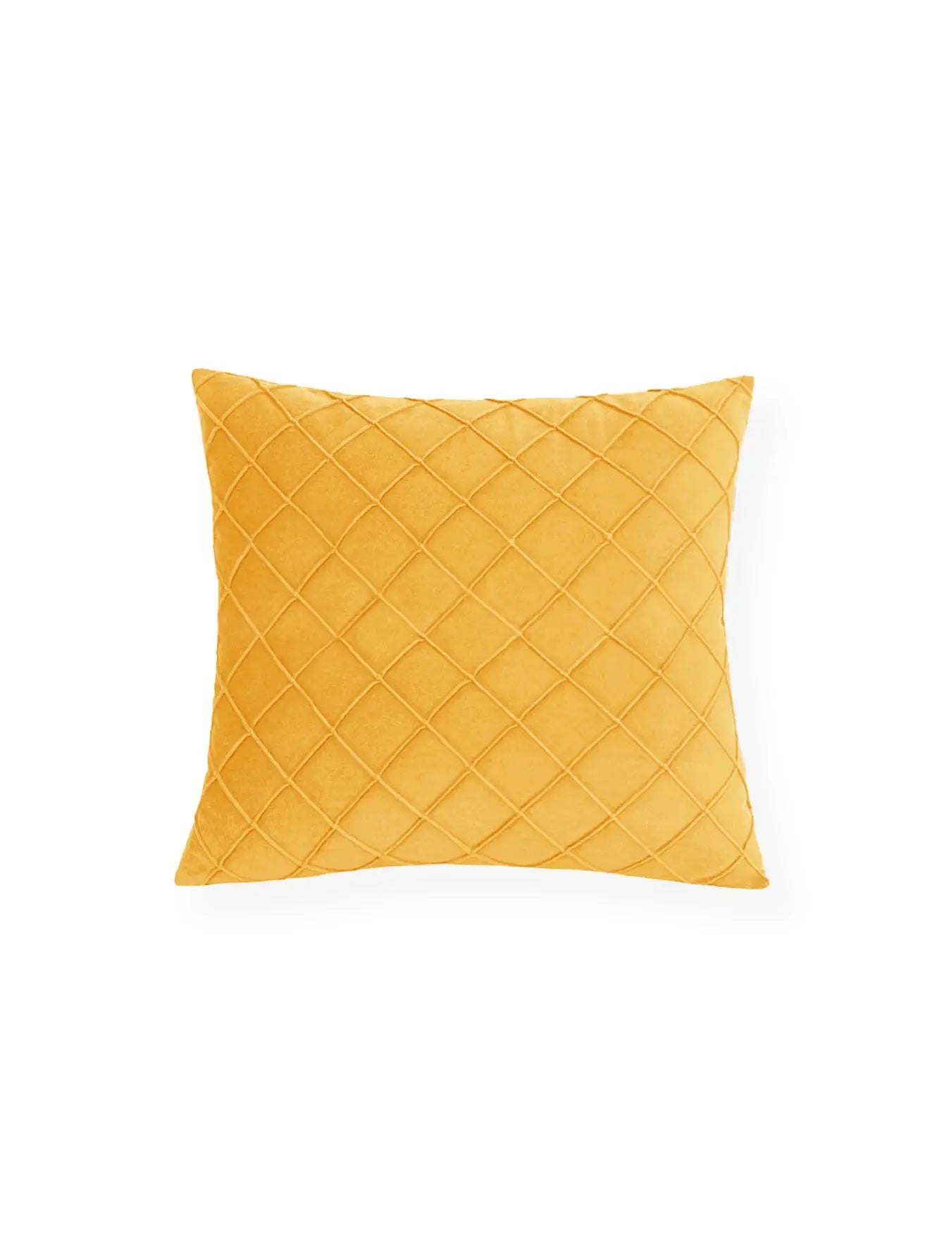 Geometric velvet cushion cover in yellow with a quilted diamond pattern, 45x45 cm.