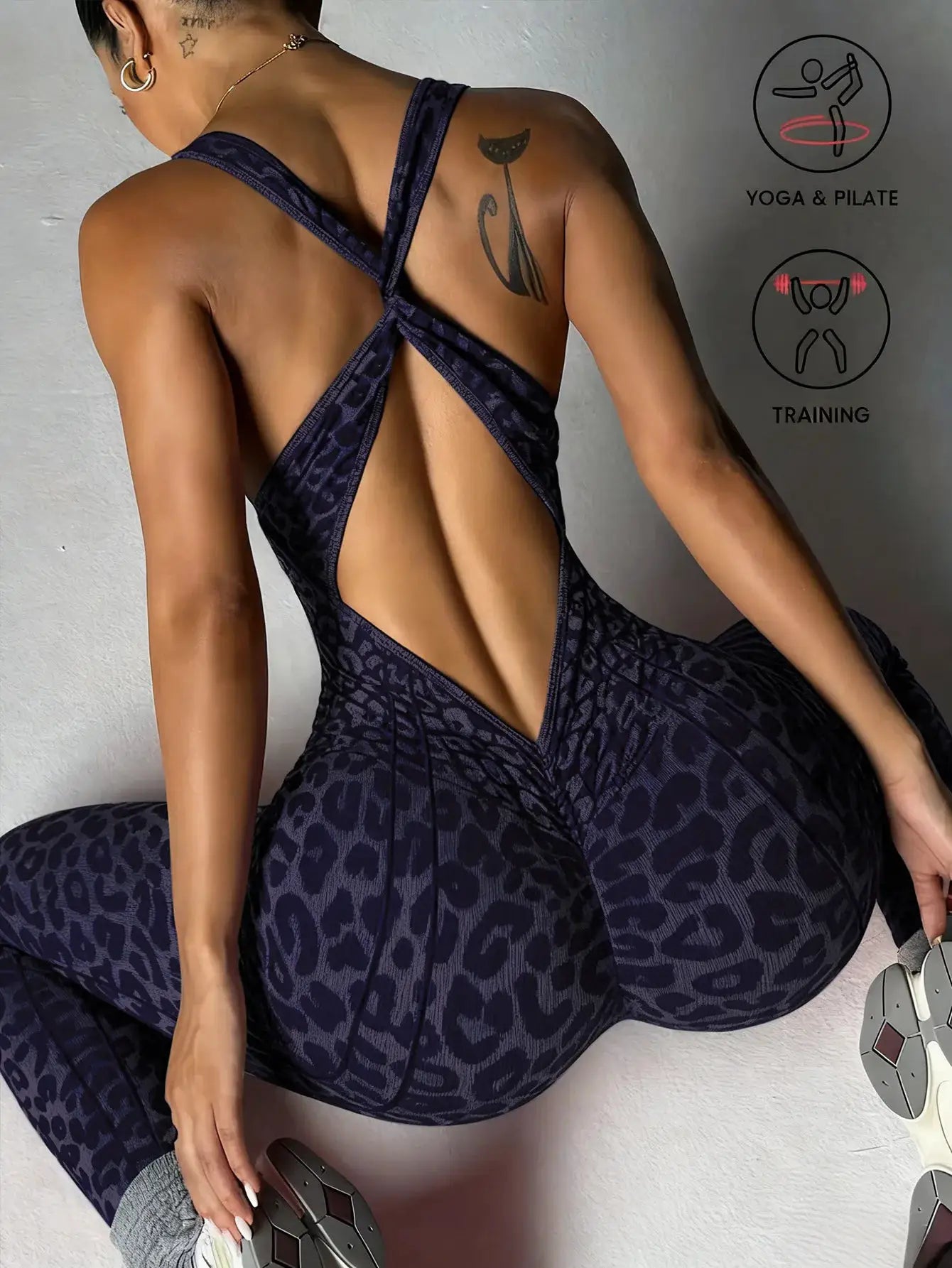 Leopard print backless one-piece yoga jumpsuit with crisscross straps in dark purple fabric