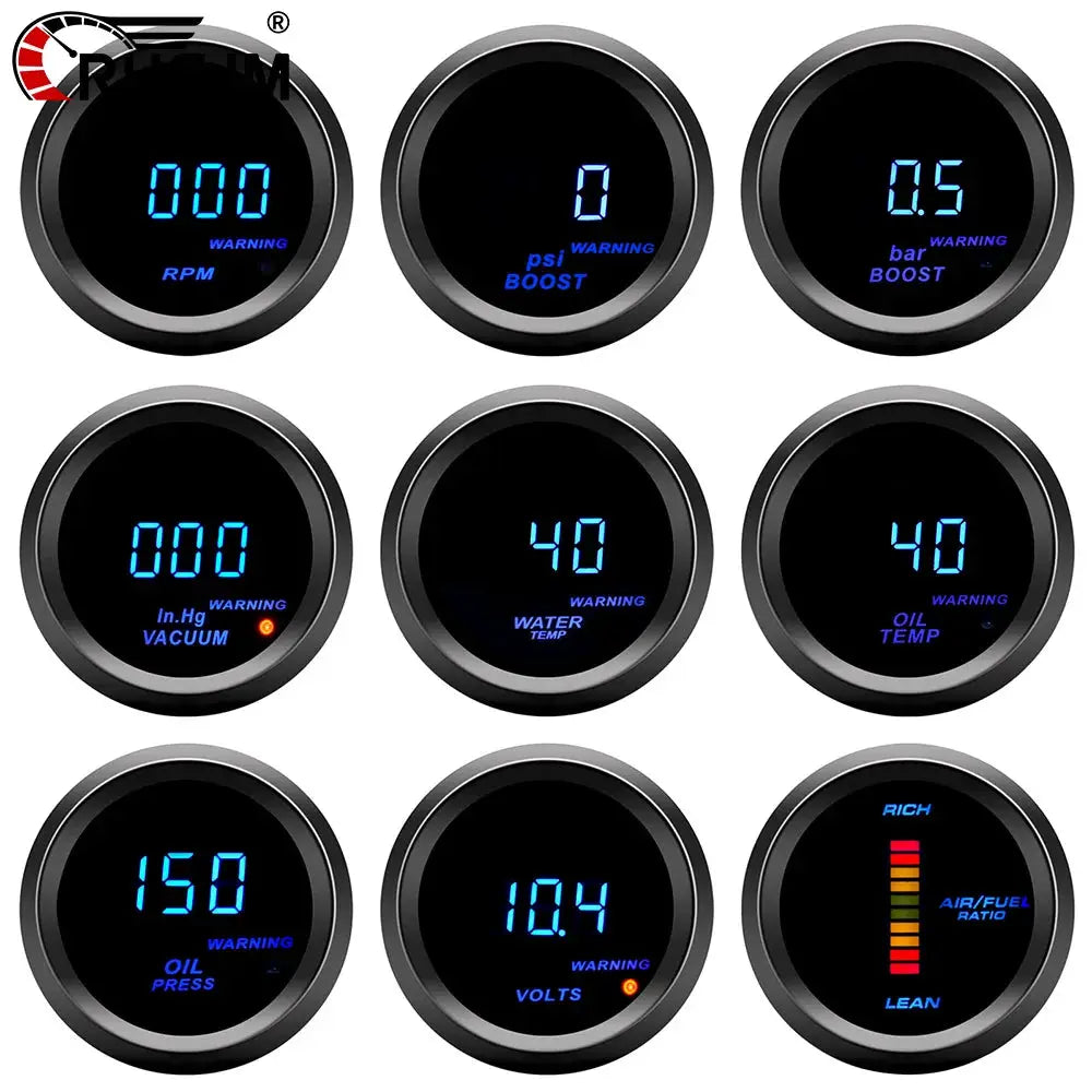 Universal 2in 52mm digital gauge set (Simples Market); blue LED, 9 gauges incl RPM, boost, oil pressure, oil temp, volts