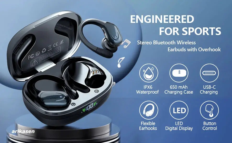 Wireless Earbuds by Simples Market in black with LED display, USB-C charging, IPX6 waterproof case