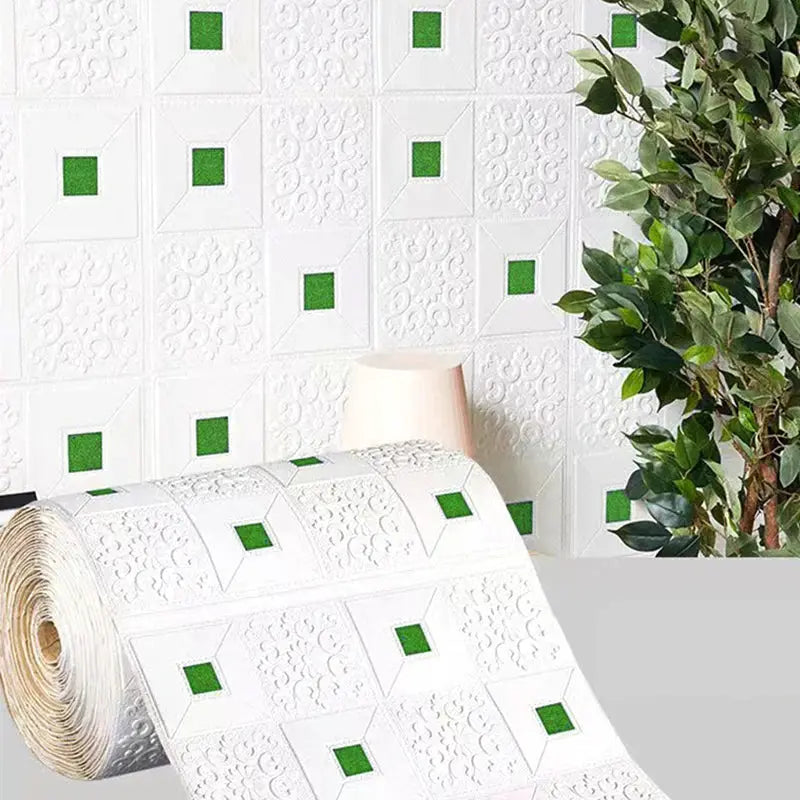 3D brick-pattern wall panels wallpaper; white with green squares, waterproof; Simples Market for living spaces.