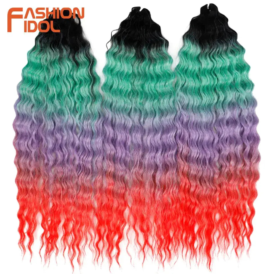 Ariel Hair synthetic twist crochet curly water-wave hair extensions, 24 in, ombre green to purple to red, three bundles