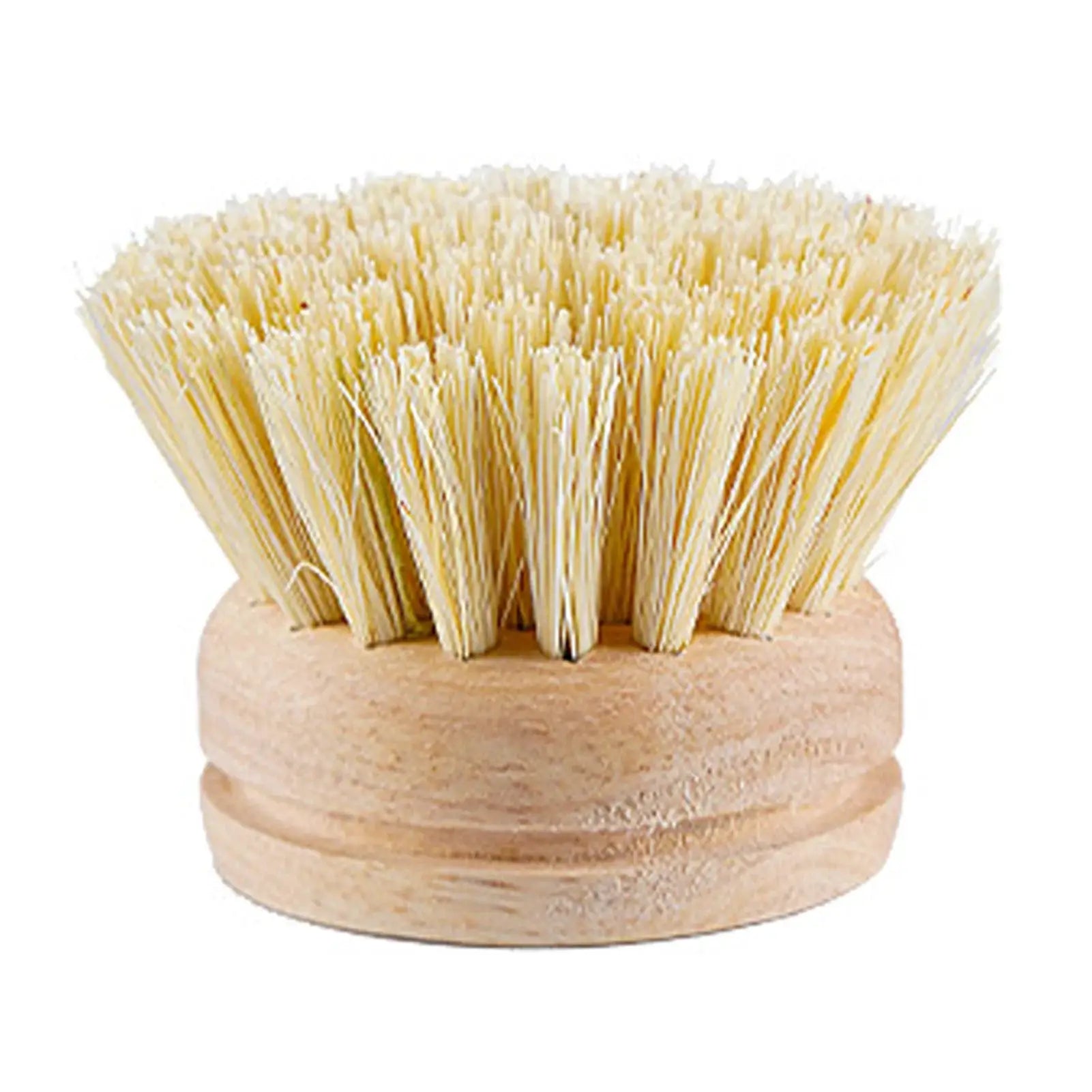 Dish brush with wooden handle and natural beige bristles, close-up of brush head.
