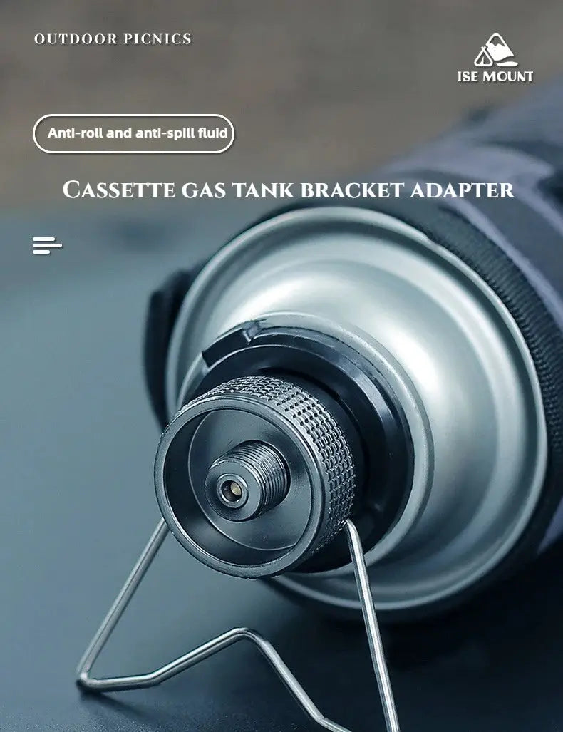 Butane gas adapter with bracket for camping stoves, metal finish, ISE MOUNT brand visible