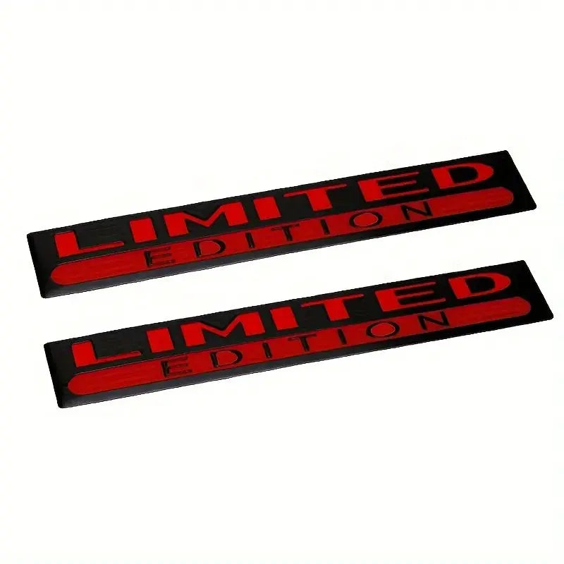 2-pack 3D metal car and motorcycle emblems with red LIMITED EDITION text on black background