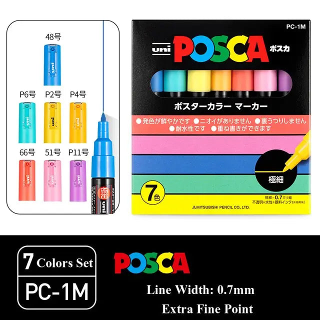 Uni POSCA paint marker pen set, 7 colors PC-1M PC-3M PC-5M with original vinyl case by Simples Market