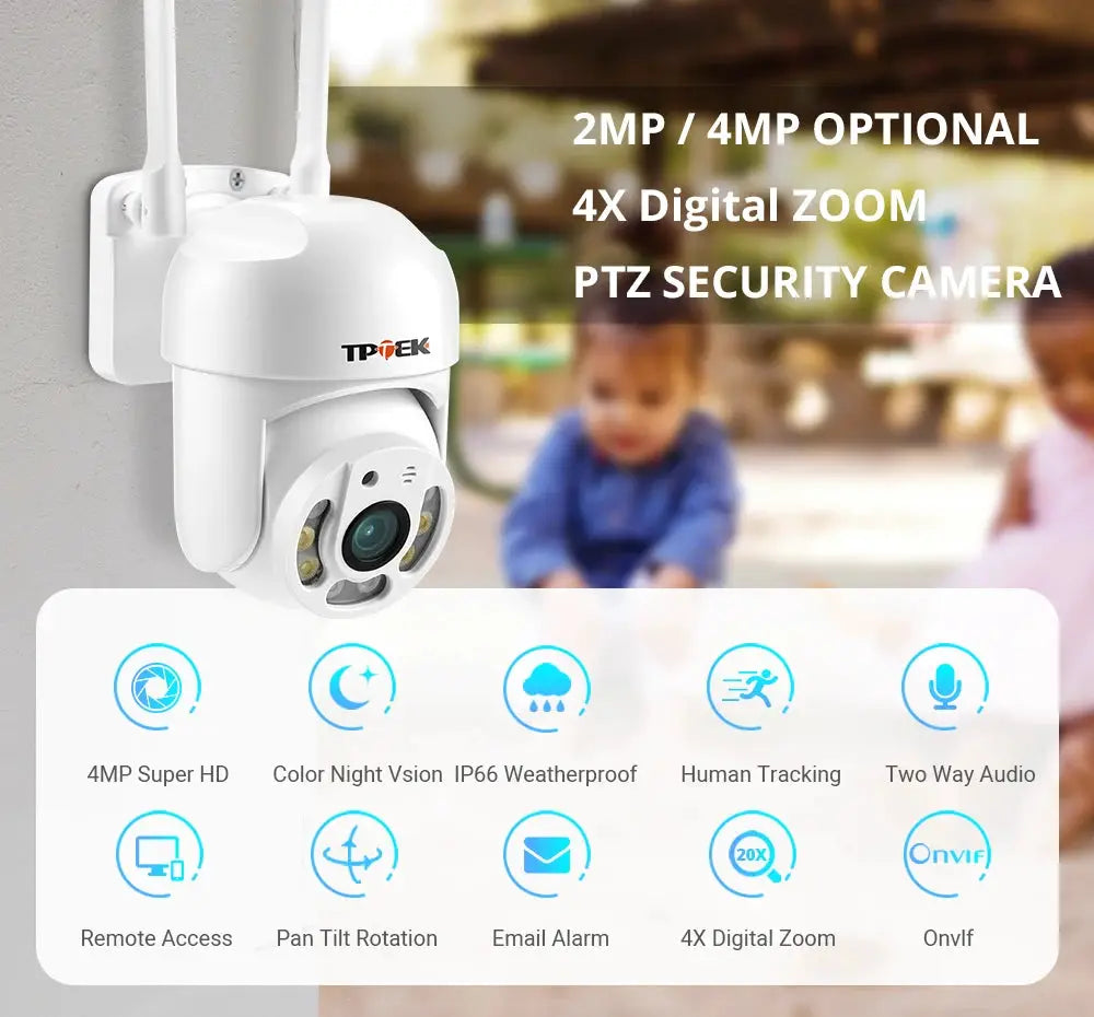 TP-TEK 4MP PTZ WiFi outdoor security camera with 4x digital zoom, white
