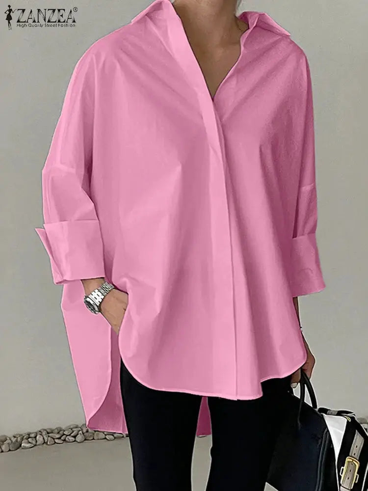 ZANZEA oversized pink shirt with turn-down collar, long sleeves, button-up front, high-low hem worn by model.