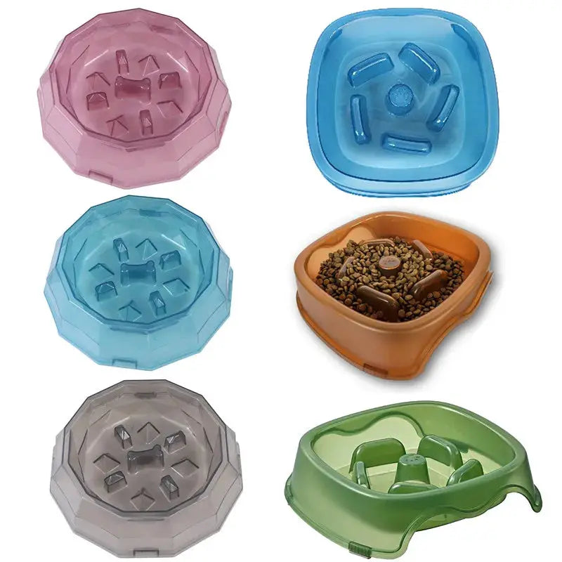 Simples Market 6-piece pet slow-feeder bowls set in pink, blue, teal, gray, orange, and green with anti-choking, non-slip design.