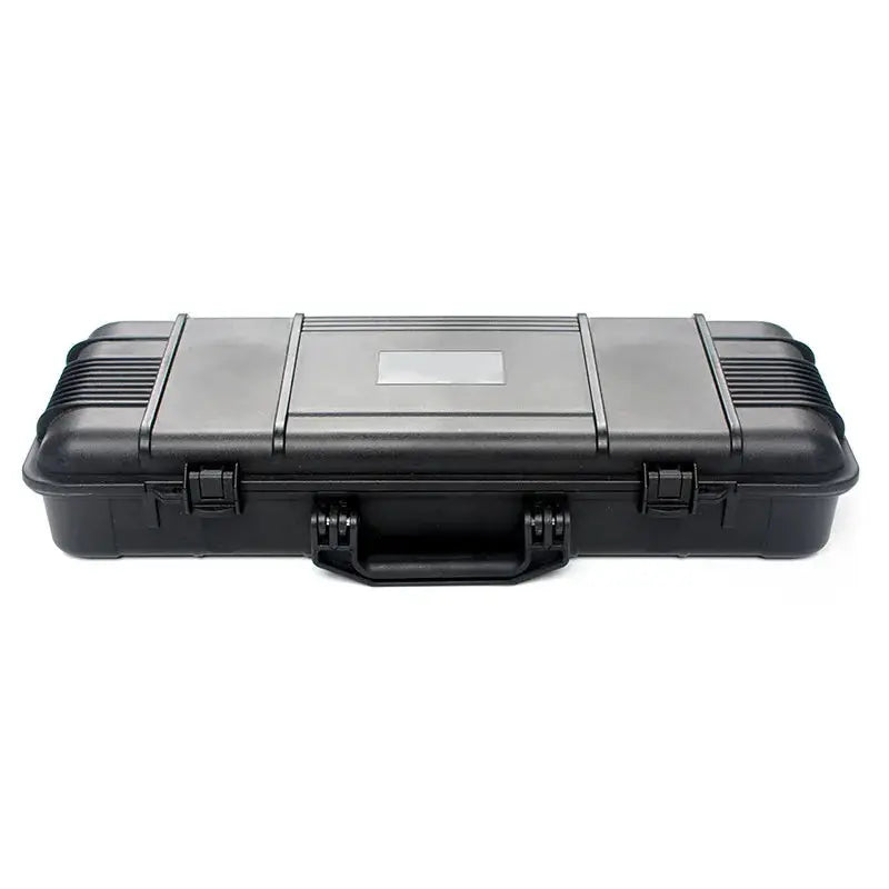 Waterproof hard tool case made of black plastic with latches and carrying handle.