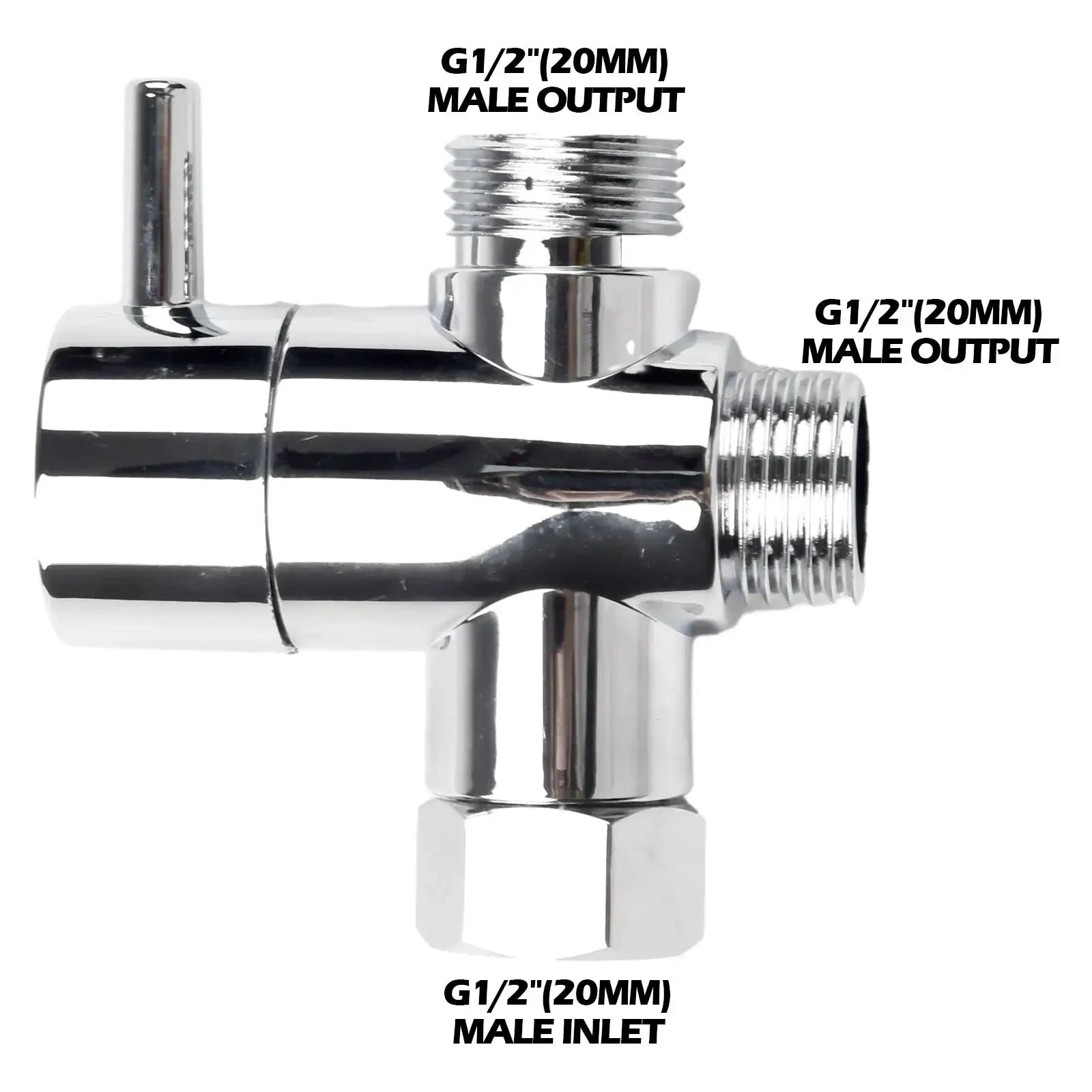 Chrome G1/2in 3-way diverter valve with inlet and two male outputs