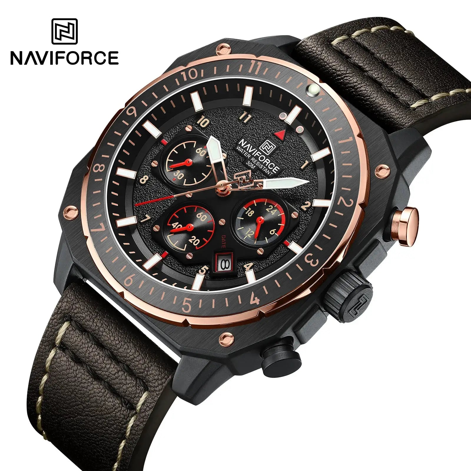 NAVIFORCE men's sports watch with black dial, rose-gold bezel and leather strap