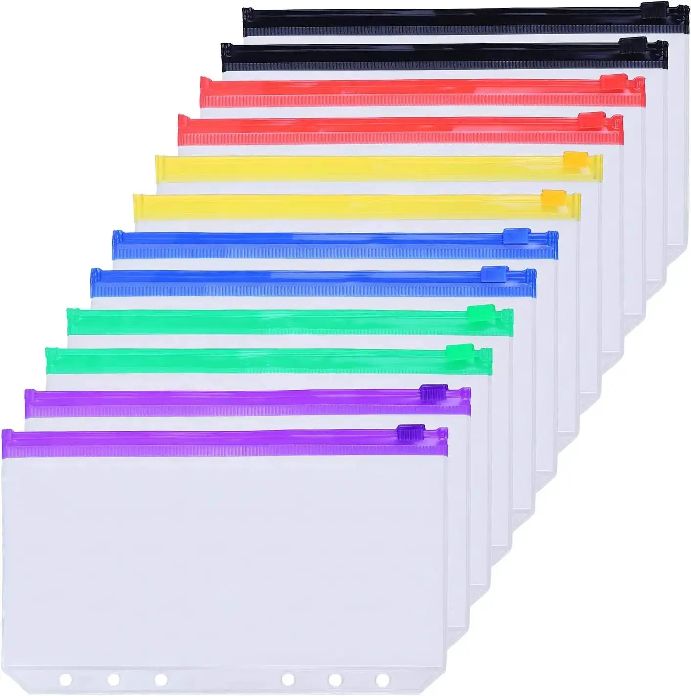 Simples Market A6 6-hole binder pockets set in waterproof PVC; zippered pouches for notebooks and planners in assorted rainbow colors