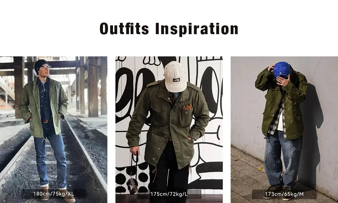 Maden Military M65 field jacket for men in green, vintage army windbreaker with pockets, shown in 3 outfits