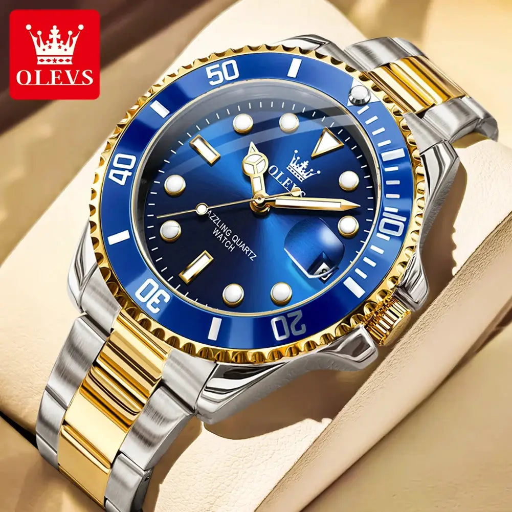 OLEVS 5885 men's diving quartz watch with blue dial, blue bezel, two-tone stainless steel bracelet and date window