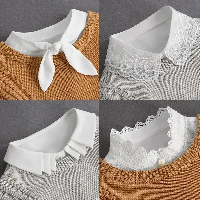 Detachable White Faux Collar With Front Tie For Women And Girls Vintage Lace Blouse Collar