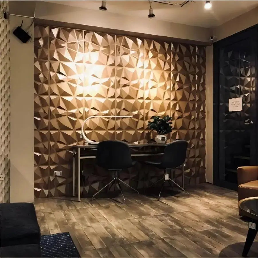 3D textured wall panels with brown geometric triangles (12pcs/20pcs) for indoor decor, shown behind a desk.