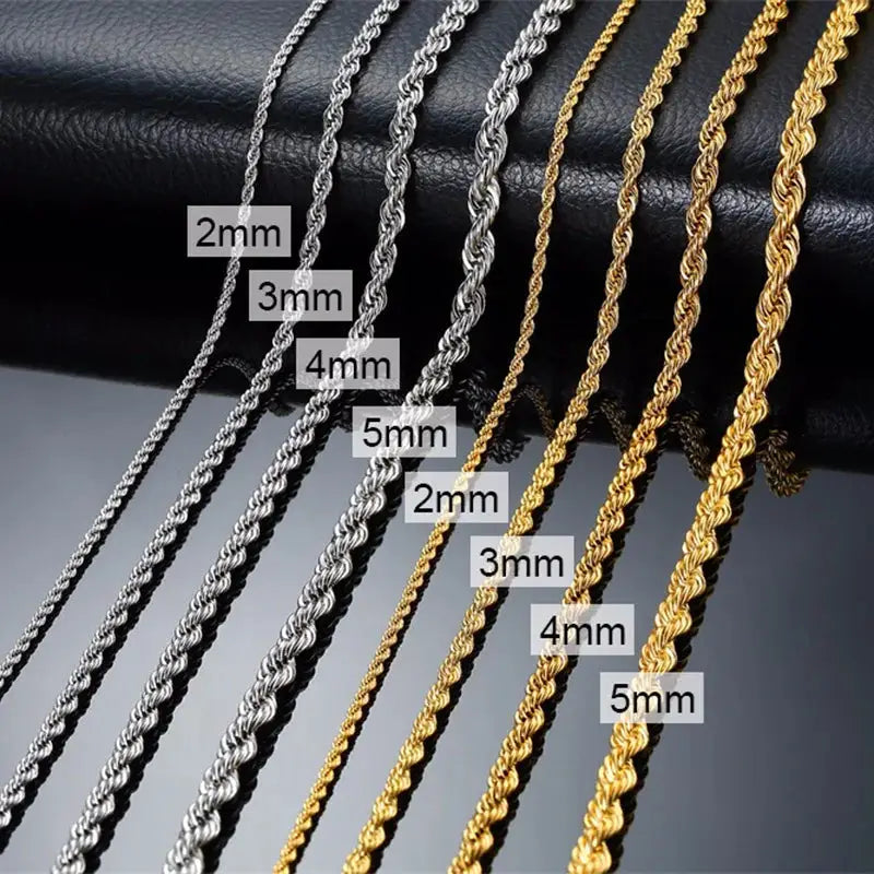 Rope chain necklaces set in silver and gold, stainless steel, 2-5mm widths, 16-36in lengths, Simples Market