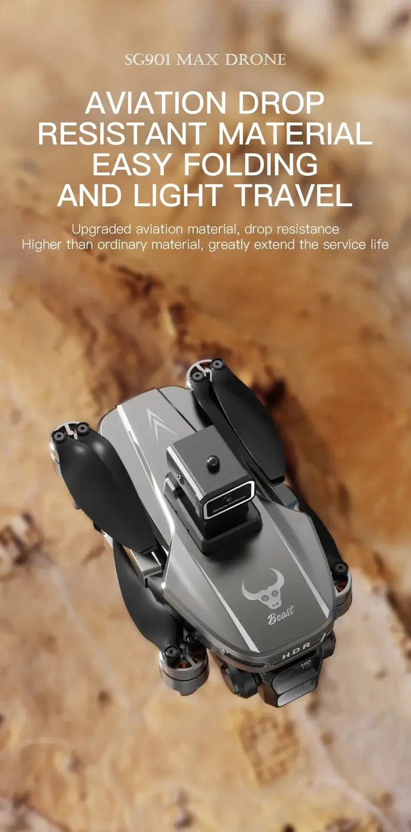 SG901 MAX folding drone with Beast logo, gray body, and front-mounted camera