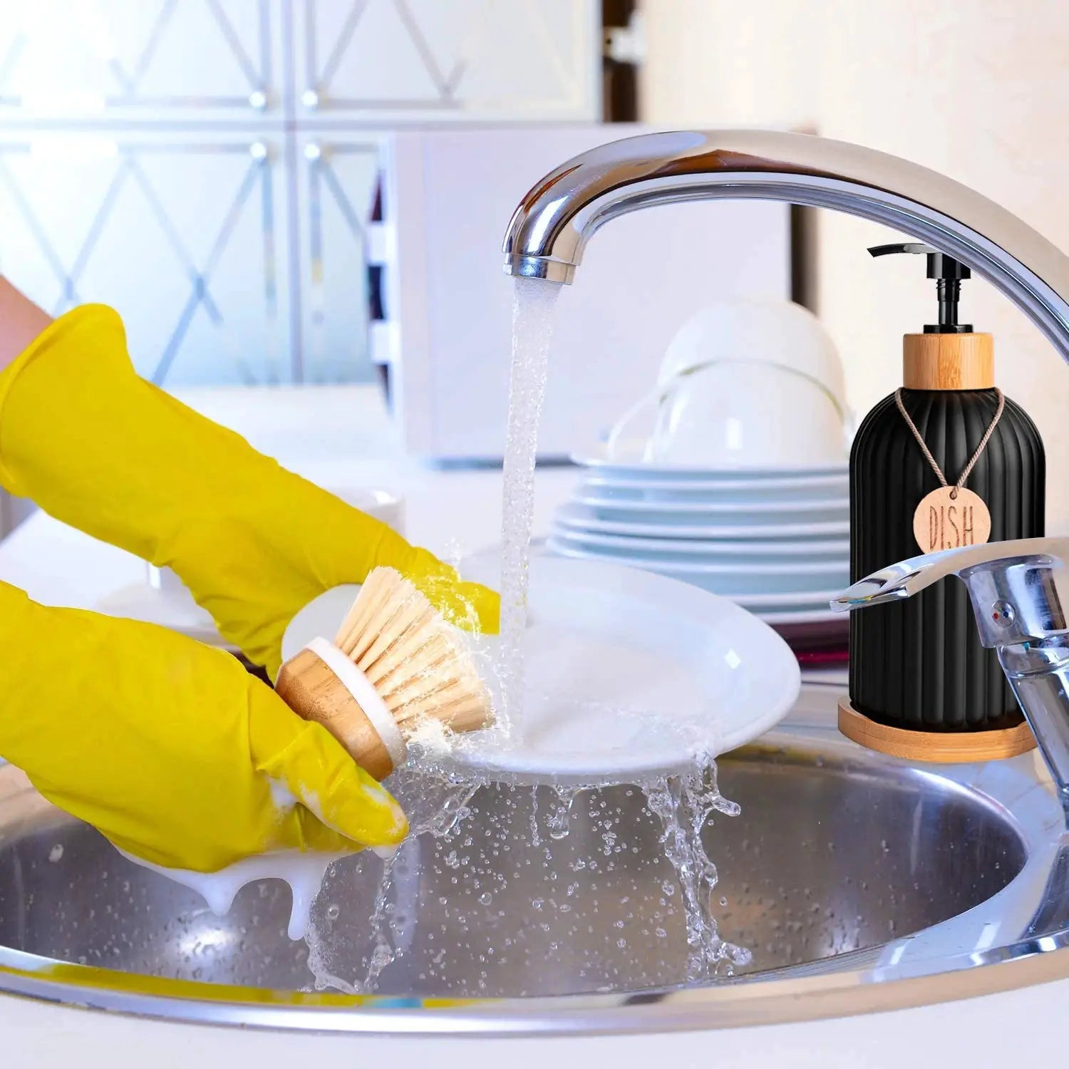 AuroraHome Black Dish Soap Dispenser Set With Wooden Pumps And Tags Two Bottles For Stylish Countertop Storage