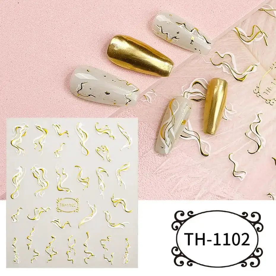 Nail art decals 1pc set; bronze-gold striped geometric lines with floral accents by Simples Market