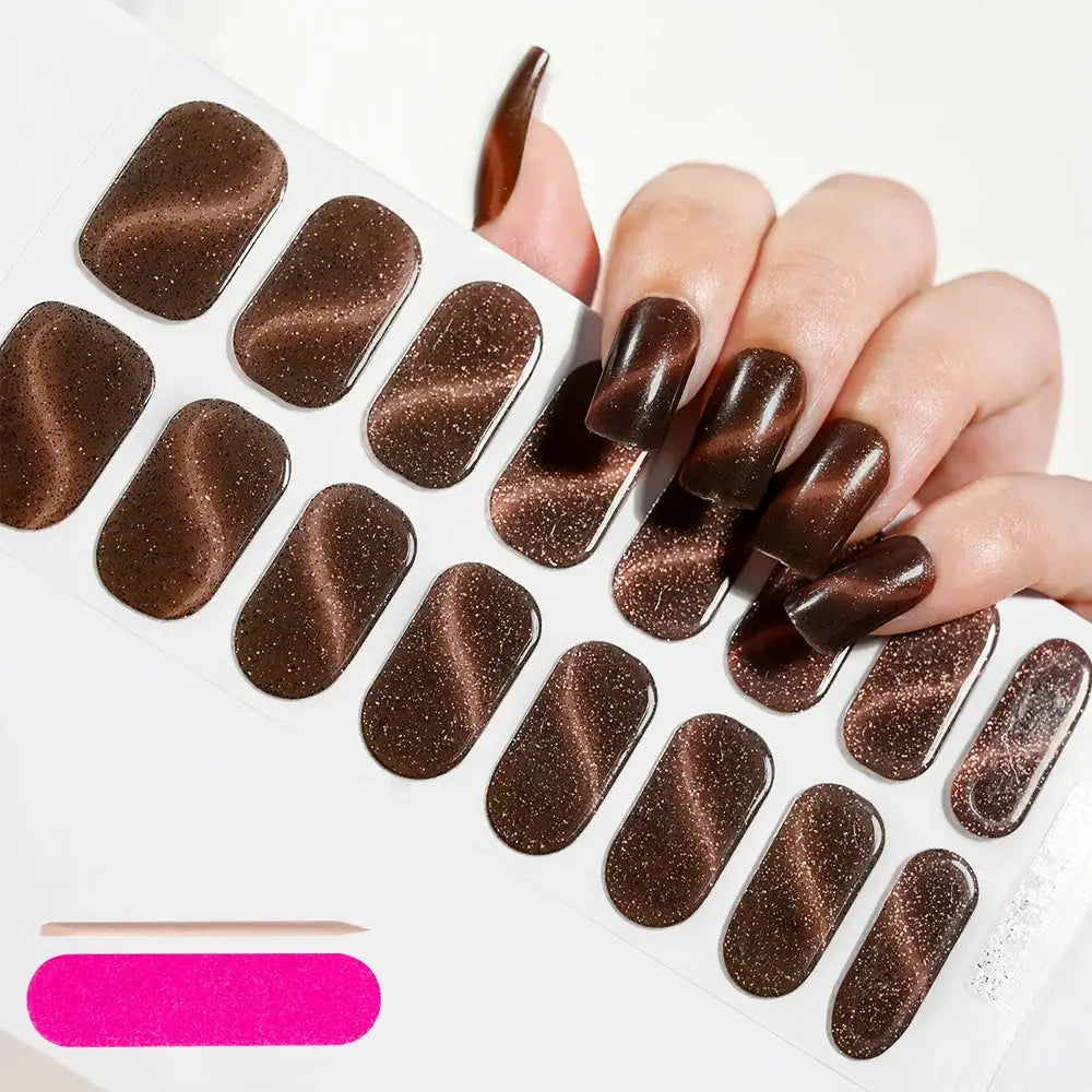 Brown glitter gel nail wrap sheet with full cover self-adhesive decals for manicures