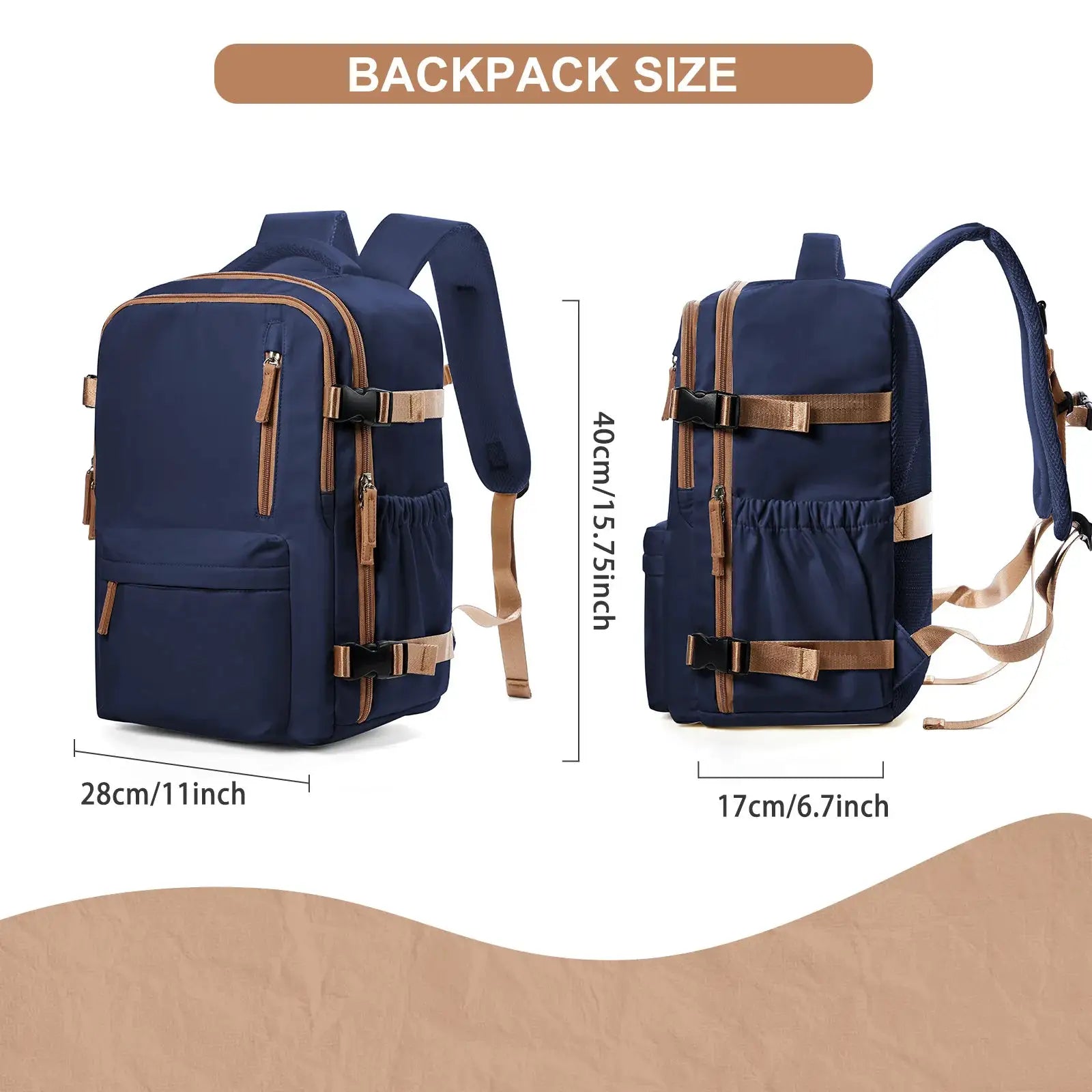 Navy cabin travel backpack with tan zippers and straps, 40x30x20 cm carry-on bag