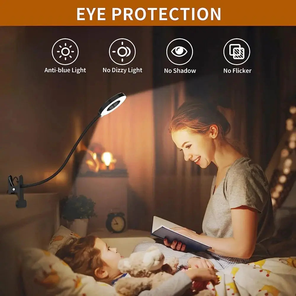 Simples Market LED Reading Light with black clamp, 3 color modes and 10 brightness levels, flexible gooseneck desk lamp