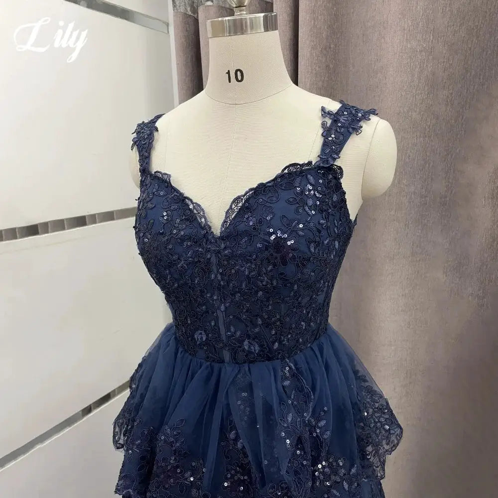 Lily Navy Blue Sweetheart A Line Dress Tiered Pleats Spaghetti Strap