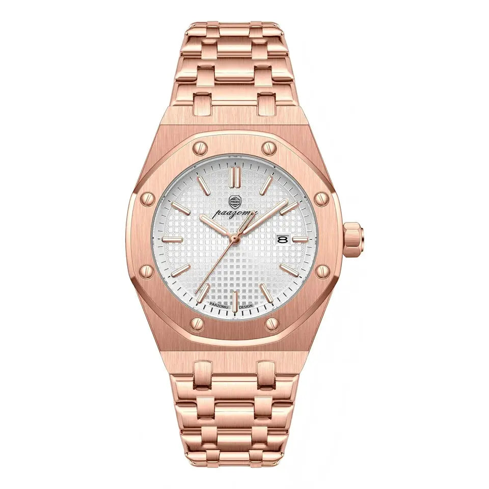 PAAZOMU rose-gold stainless steel quartz men's watch with white textured dial and date window