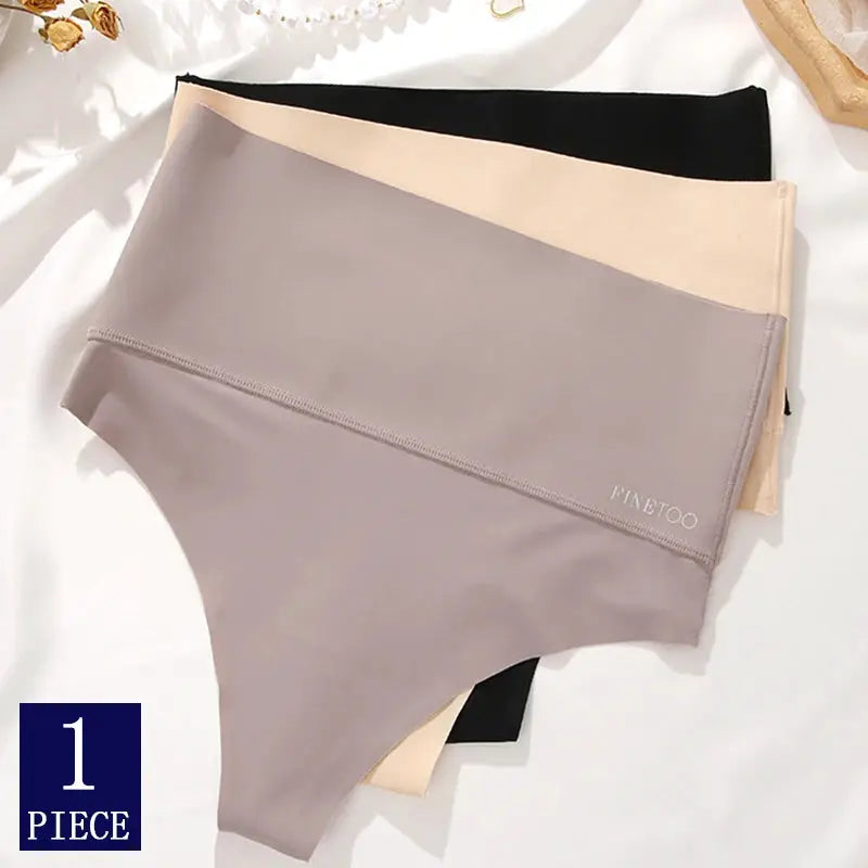 Seamless high-waist shapewear briefs set in gray, beige, and black; breathable body-shaping underwear for women.