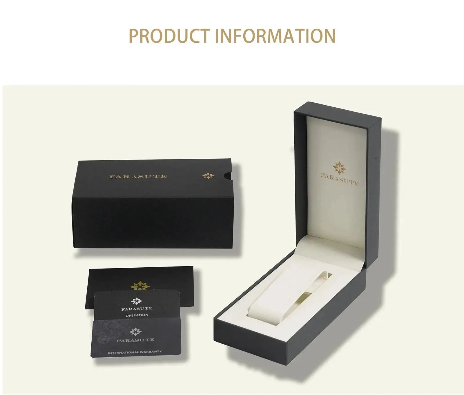 Three-piece Farasute watch packaging set: black outer box, open display box with cream interior, and instruction cards