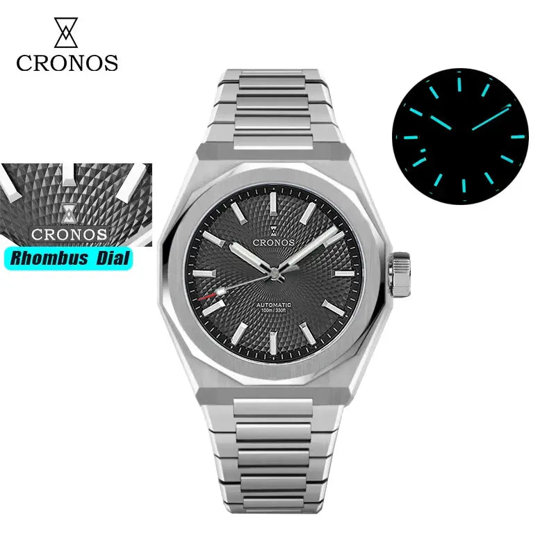 Cronos stainless steel automatic watch with 39mm rhombus perlage dial, see-through caseback, luminescent markers