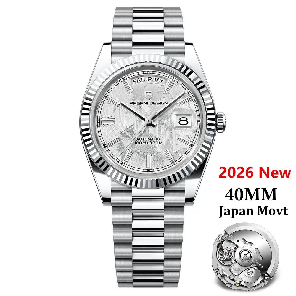 PAGANI DESIGN men's stainless steel watch with silver dial, date window, 40mm automatic movement