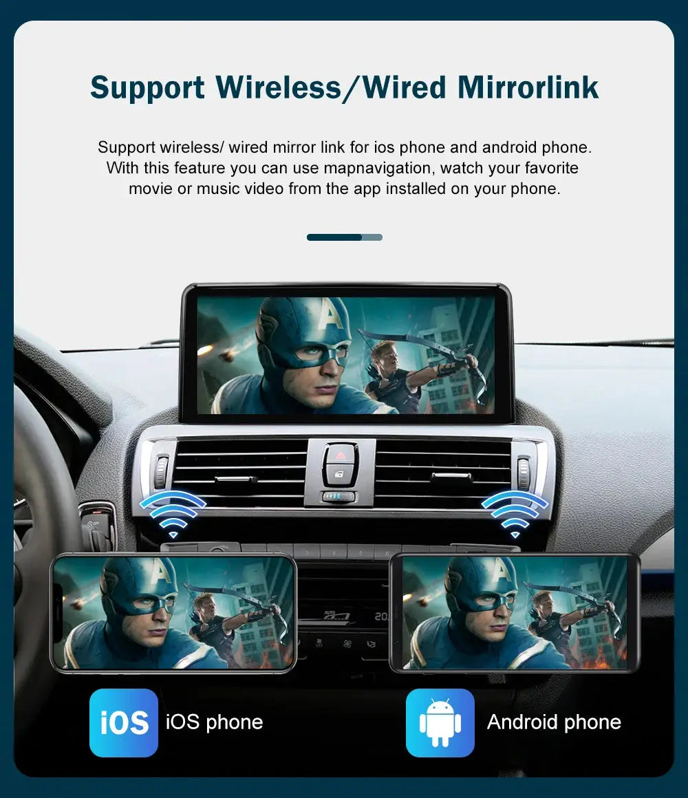 Wireless CarPlay/Android Auto multimedia display for BMW 1-4 Series, 10.25–12.3 inch screen and two phones