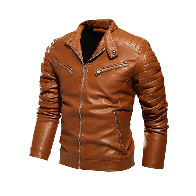 Men's brown leather biker jacket from Simples Market with quilted sleeves and zip pockets and front zipper