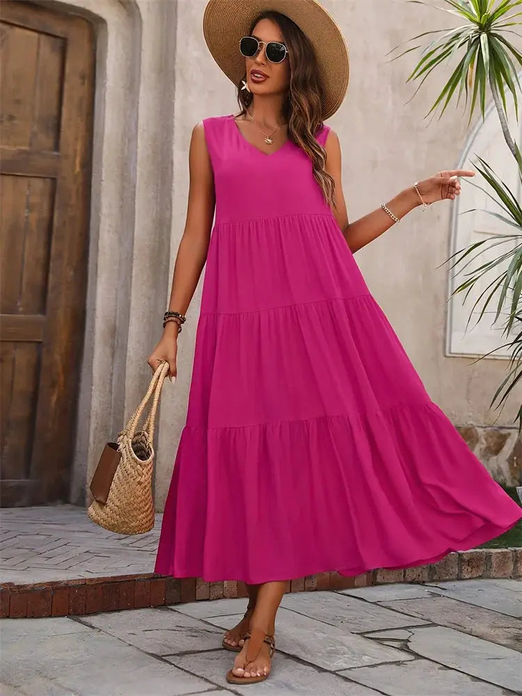 Elegant Summer Dress For Women Loose A Line Midi With V Neck Casual Sophistication In Yellow And Black